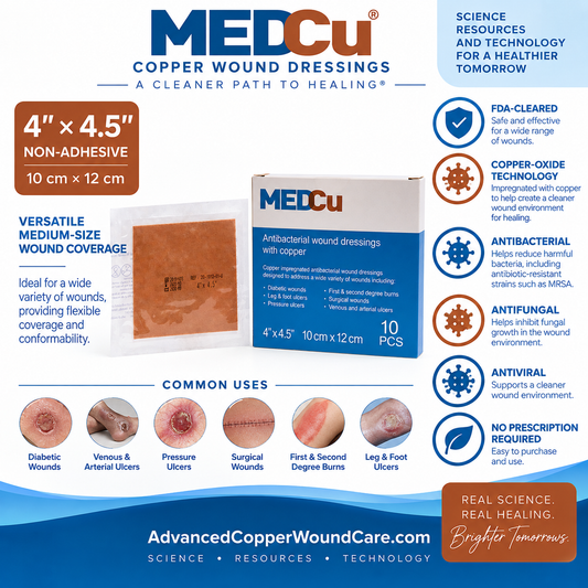 4 x 4.5 non-adhesive antimicrobial copper wound dressing for diabetic wounds, pressure ulcers, surgical wounds, burns, and leg, foot, venous and arterial ulcers from Advanced Copper Wound Care