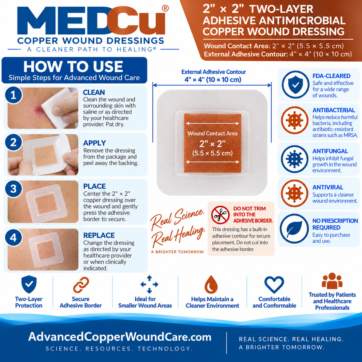 How to use 2 x 2 two-layer adhesive antimicrobial copper wound dressing with secure 4 x 4 adhesive border from Advanced Copper Wound Care