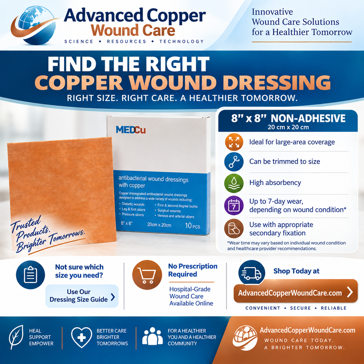 8 x 8 non-adhesive copper wound dressing with sizing guide, high absorbency, up to 7-day wear, and no prescription required from Advanced Copper Wound Care
