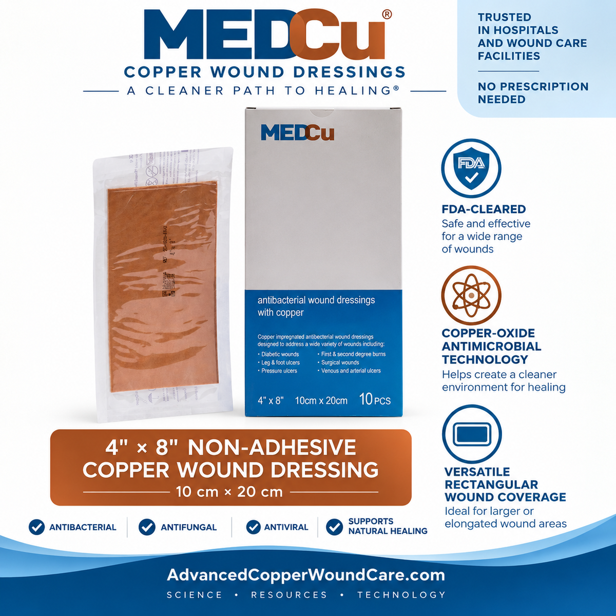 4 x 8 non-adhesive copper-oxide antimicrobial wound dressing with antibacterial, antifungal and antiviral activity from Advanced Copper Wound Care