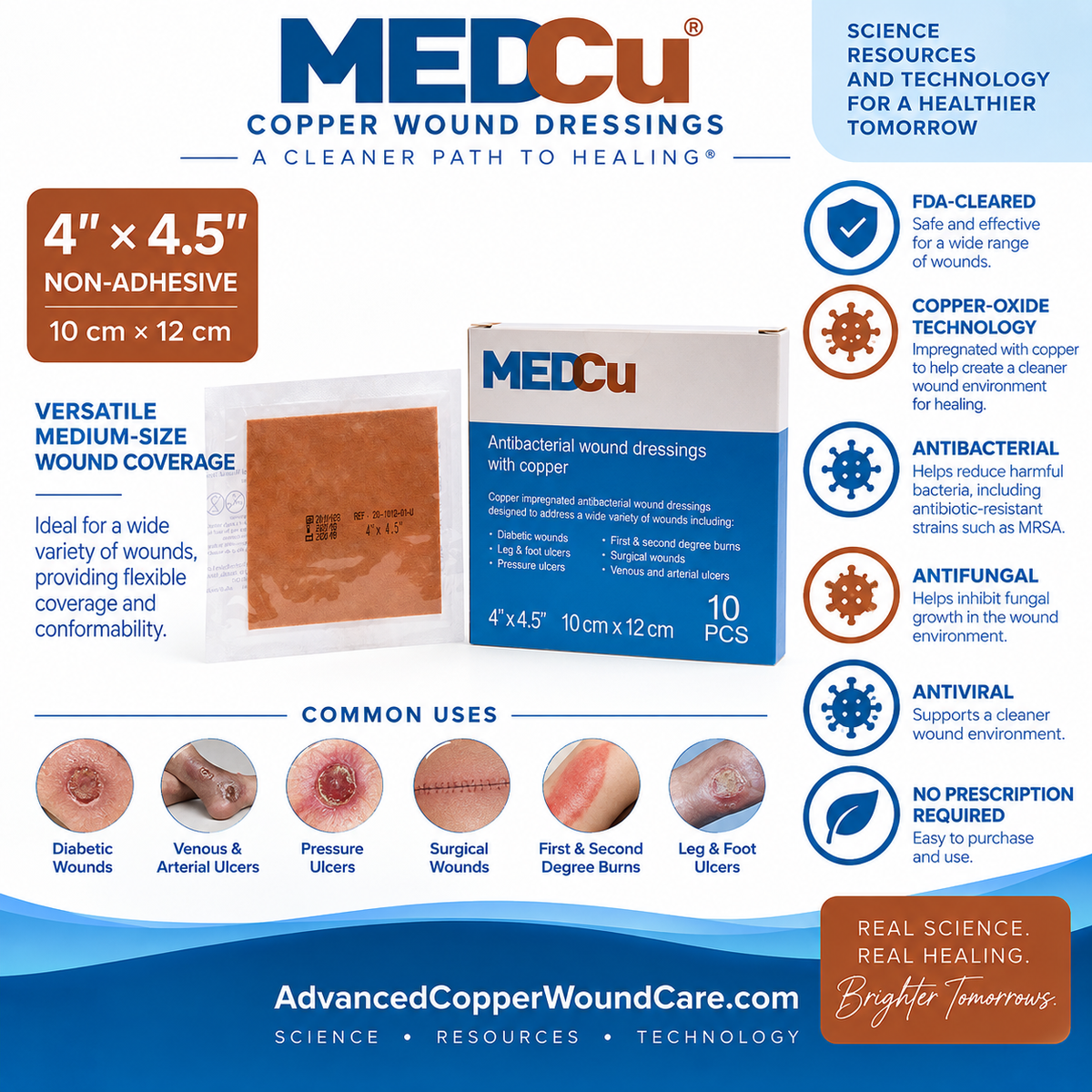 4 x 4.5 non-adhesive antimicrobial copper wound dressing for diabetic wounds, pressure ulcers, surgical wounds, burns, and leg, foot, venous and arterial ulcers from Advanced Copper Wound Care