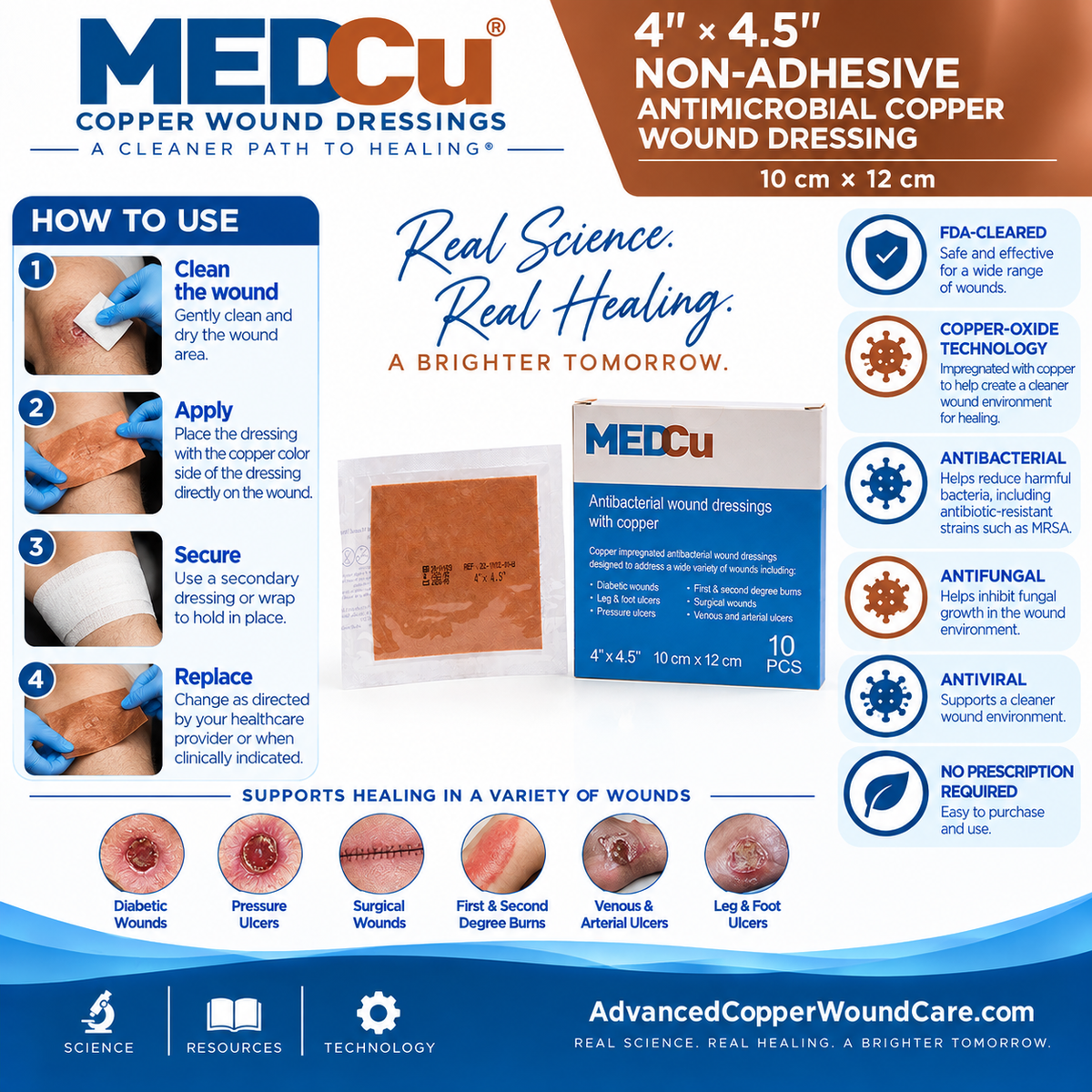 4 x 4.5 non-adhesive antimicrobial copper wound dressing application guide showing copper-colored side placed directly on the wound from Advanced Copper Wound Care