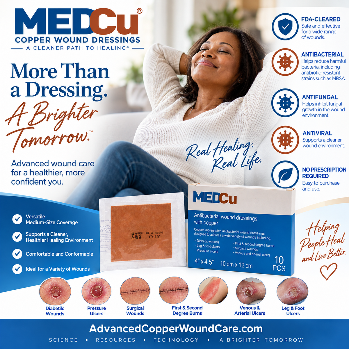4 x 4.5 antimicrobial copper wound dressing for advanced wound care with antibacterial, antifungal and antiviral activity from Advanced Copper Wound Care
