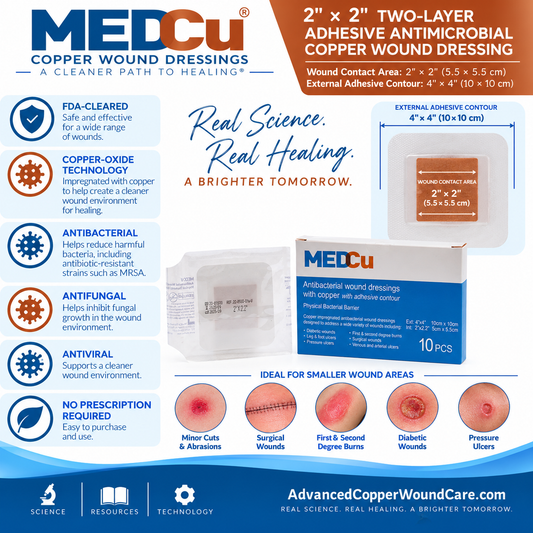 2 x 2 two-layer adhesive antimicrobial copper wound dressing with 4 x 4 adhesive contour and copper-oxide technology from Advanced Copper Wound Care