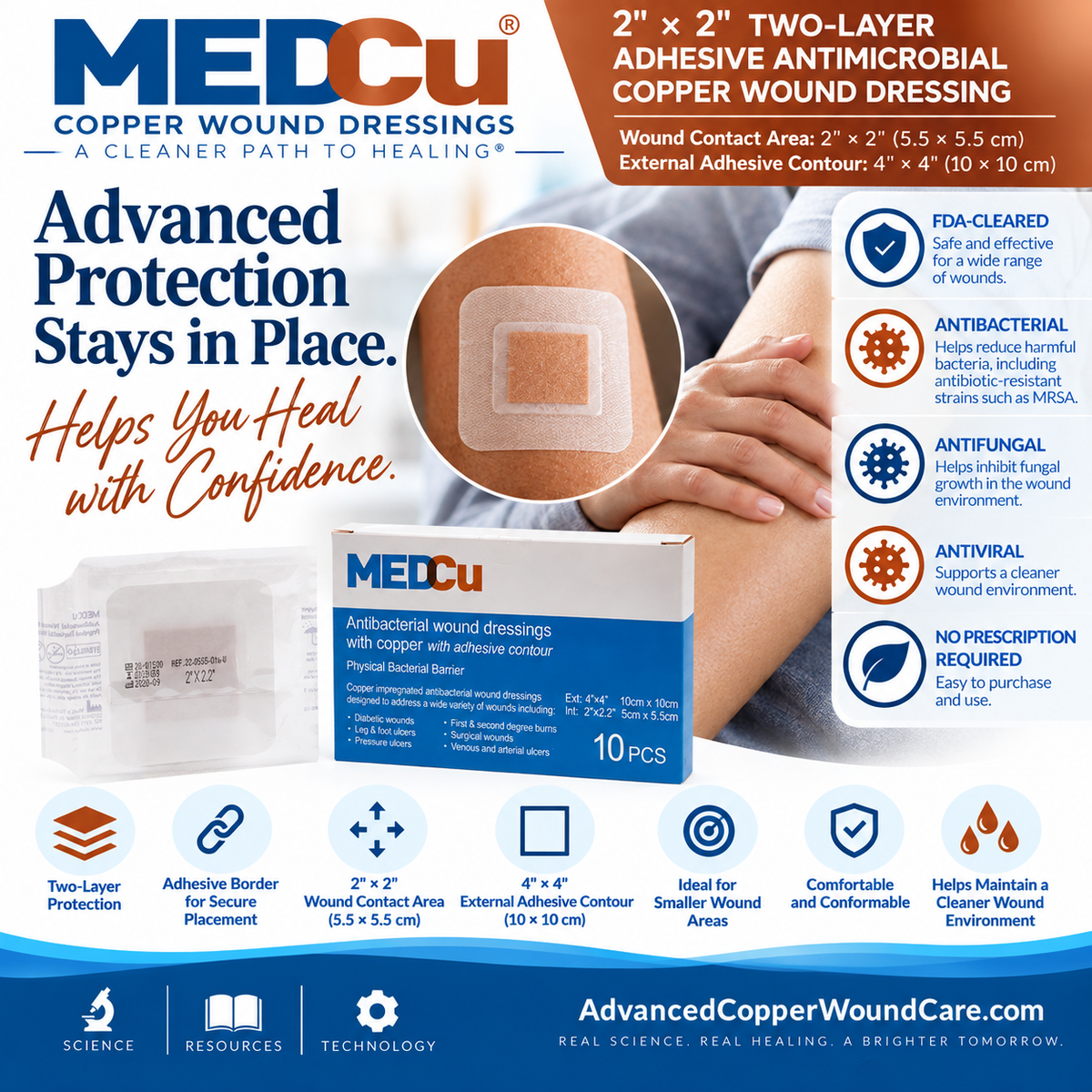 2 x 2 two-layer adhesive antimicrobial copper wound dressing with secure adhesive border and copper-oxide technology from Advanced Copper Wound Care