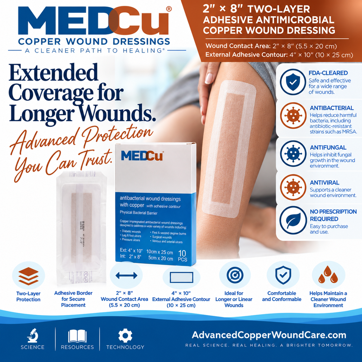 2 x 8 two-layer adhesive antimicrobial copper wound dressing with 4 x 10 secure adhesive contour for longer and linear wounds from Advanced Copper Wound Care