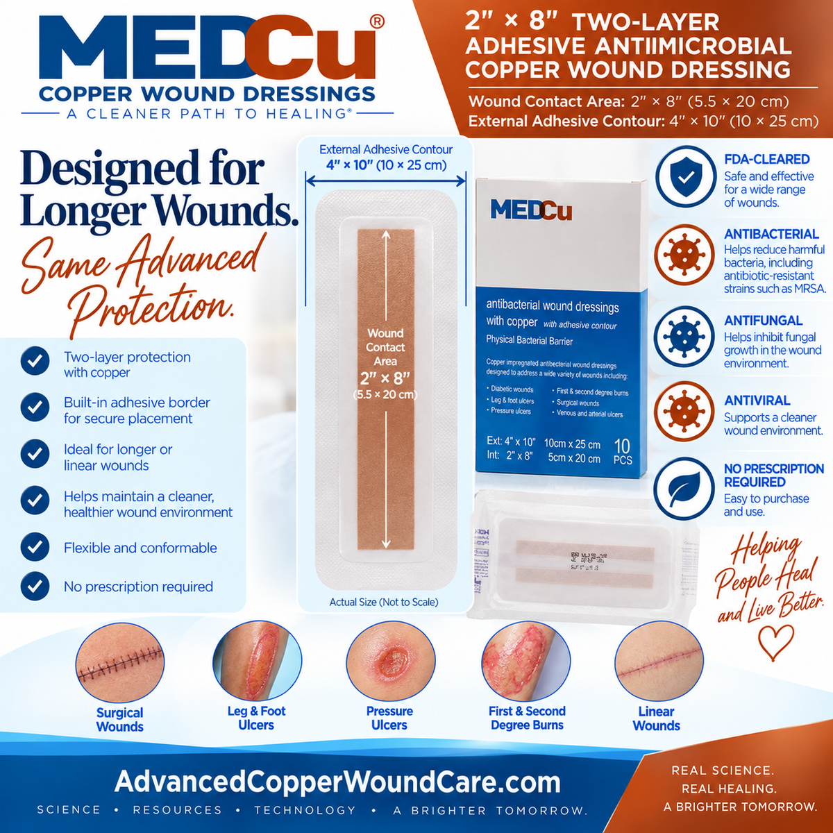 2 x 8 two-layer adhesive antimicrobial copper wound dressing with secure 4 x 10 adhesive contour designed for longer and linear wounds from Advanced Copper Wound Care