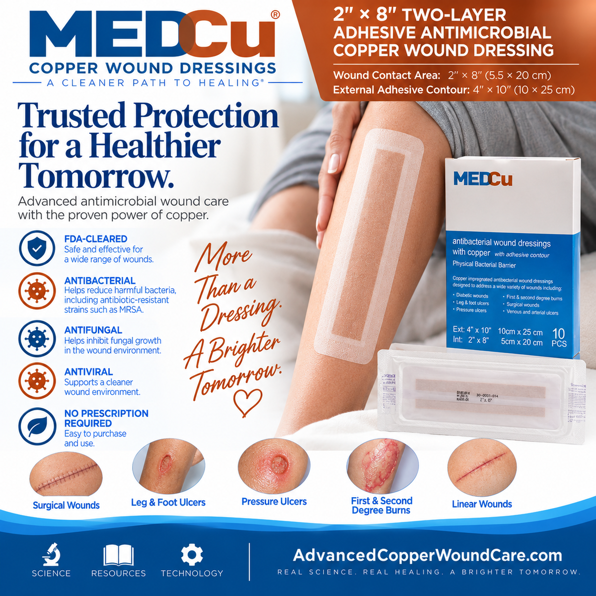 2 x 8 two-layer adhesive antimicrobial copper wound dressing for longer and linear wounds with secure adhesive coverage from Advanced Copper Wound Care