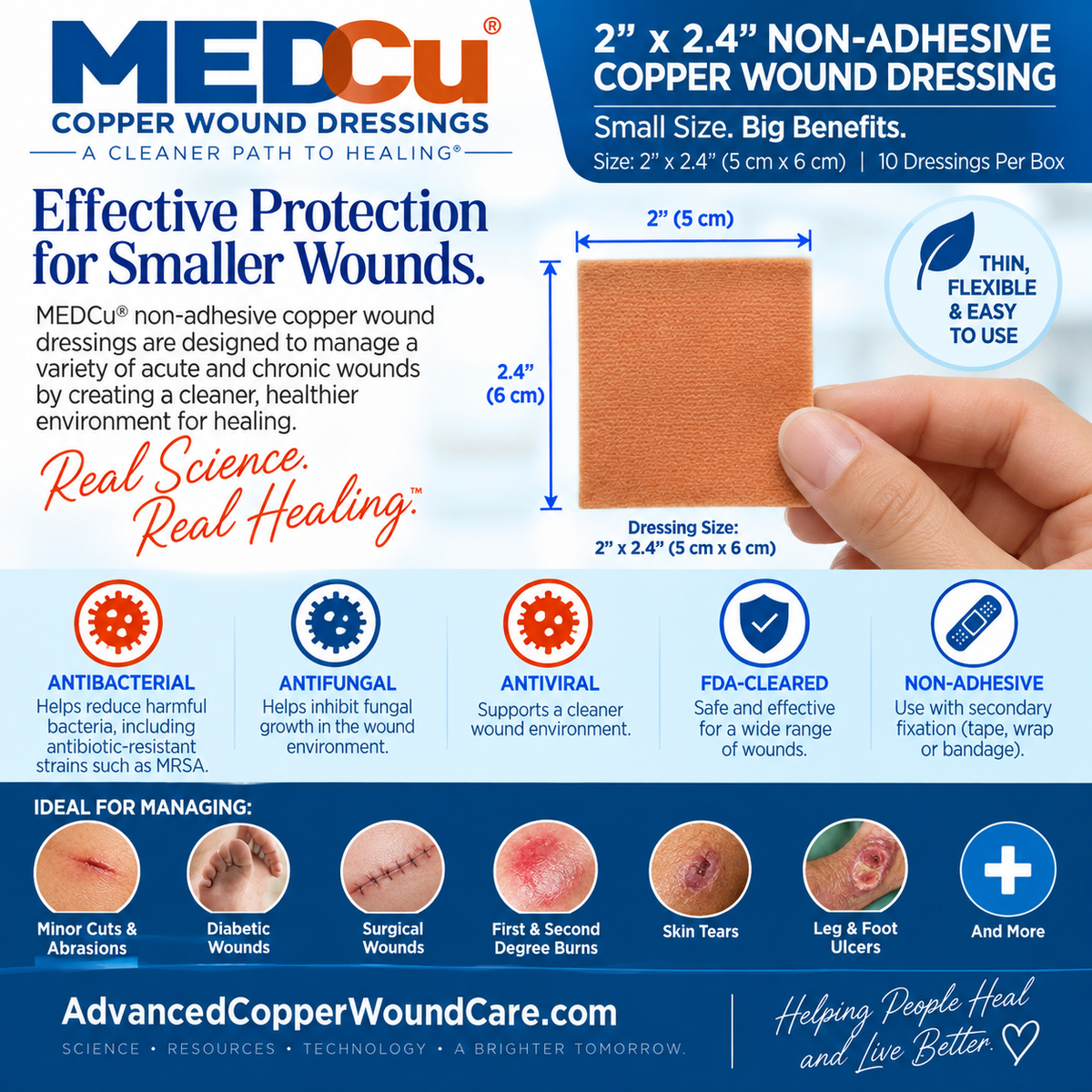 2 x 2.4 non-adhesive antimicrobial copper wound dressing for smaller wounds with antibacterial, antifungal and antiviral technology from Advanced Copper Wound Care
