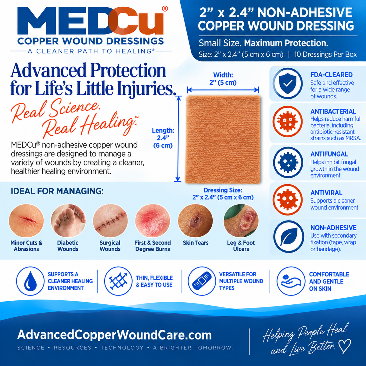 2 x 2.4 non-adhesive antimicrobial copper wound dressing for smaller wounds with flexible design and copper-oxide technology from Advanced Copper Wound Care